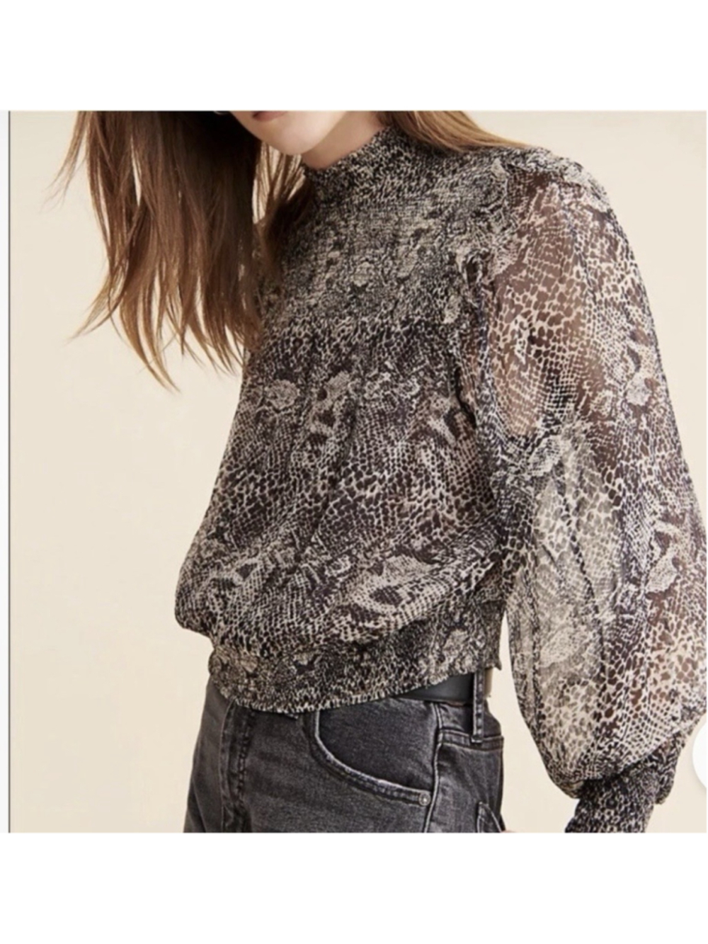 Free People Roma Blouse Snakeskin Print Ruffle Trim Long Sleeve Top Size S